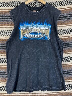 Harley Davidson Blue Flame Graphic Muscle Tee XL Black Acid Wash Sleeveless